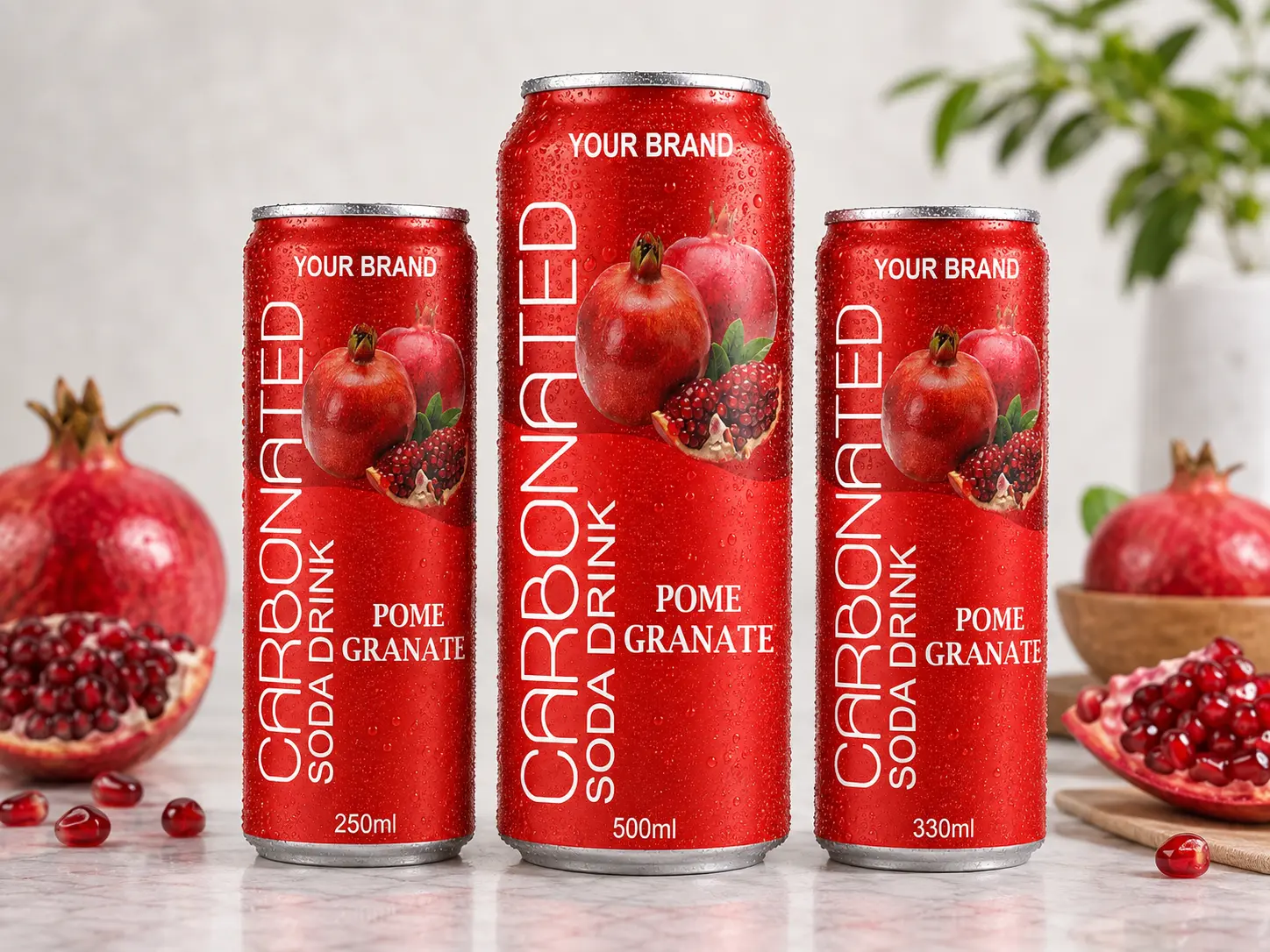 CARBONATED SODA DRINK Pomegranate flavour in 250ml, 500ml and 330ml cans.